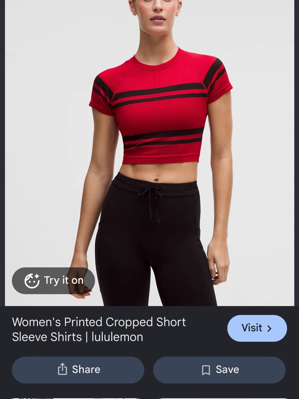 Lululemon Women’s Printed Cropped Short Sleeve Shirt Red Black Size 8